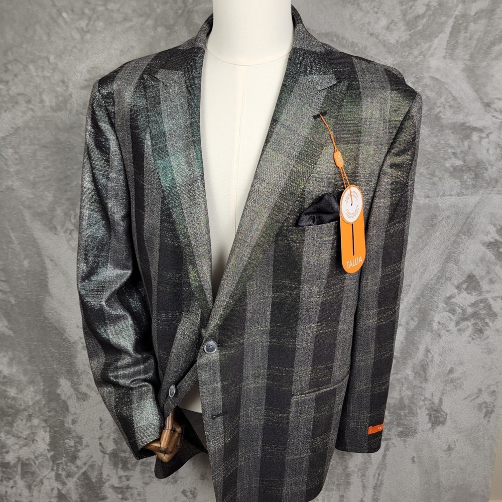 TALLIA Mens Black Gray Plaid Blazer 50R Purple Green Shine Snake Print Liner NWT